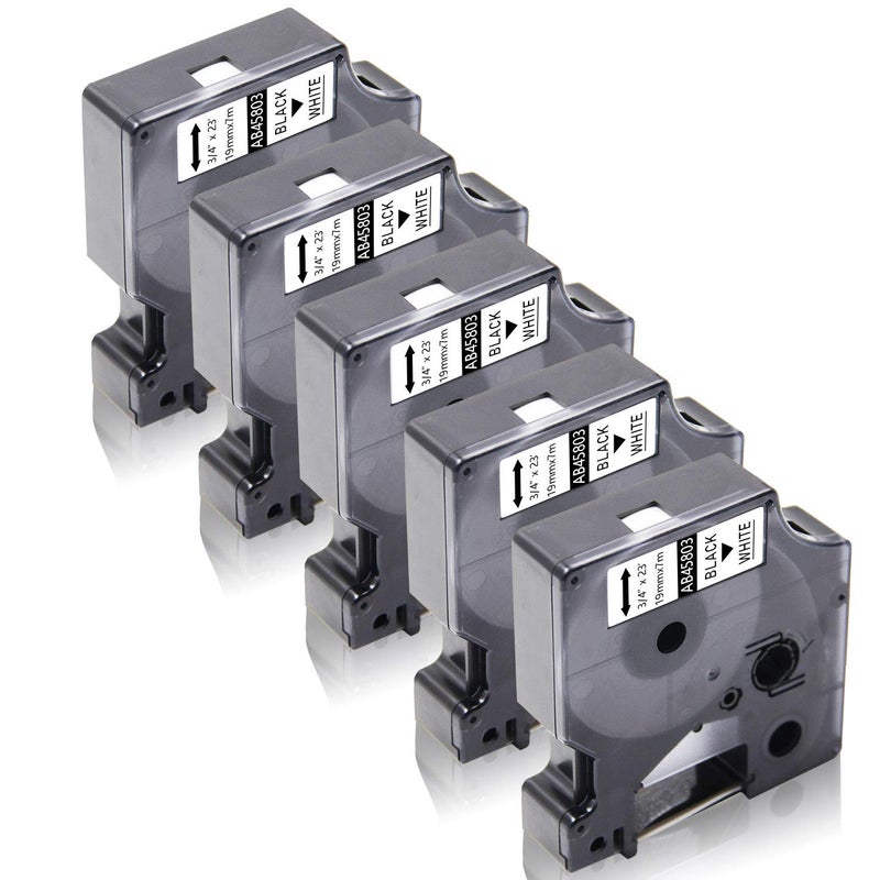 Absonic 5-Pack Compatible for Dymo D1 Label Tape 45803 S0720830 19mm 3/4" Black on White for LabelManager 360D 420P 450D 500TS LabelPoint 300 350 Wireless PnP LabelWriter 450 Duo Label Maker - Image 1